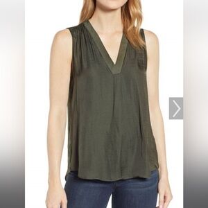 Vince Camuto Rumpled Satin V-Neck Blouse in Rich Olive